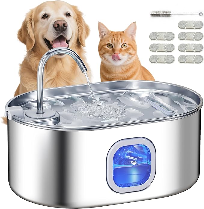 PawHut Cat Water Fountain Stainless Steel, 246 oz. / 7L Automatic Pet Fountain with Filters, Ultra-Quiet Pump, Visibility Window, Dog Water Bowl Dispenser for Cats, Dogs and Multi-Pet Homes