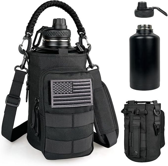 Half Gallon Water Bottle Insulated with Sleeve - Tactical 64 oz Stainless Steel Water Jug with MOLLE Water Bottle Pouch, Gym Water Bottles for Men Hiking Workout (Black)