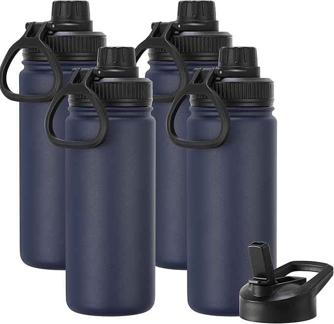 DOMICARE 16 oz Kids Water Bottle for School Stainless Steel Double Wall Vacuum Insulated Water Bottle with Straw lids & Spout Lid, Leakproof BPA Free (Navy,4)