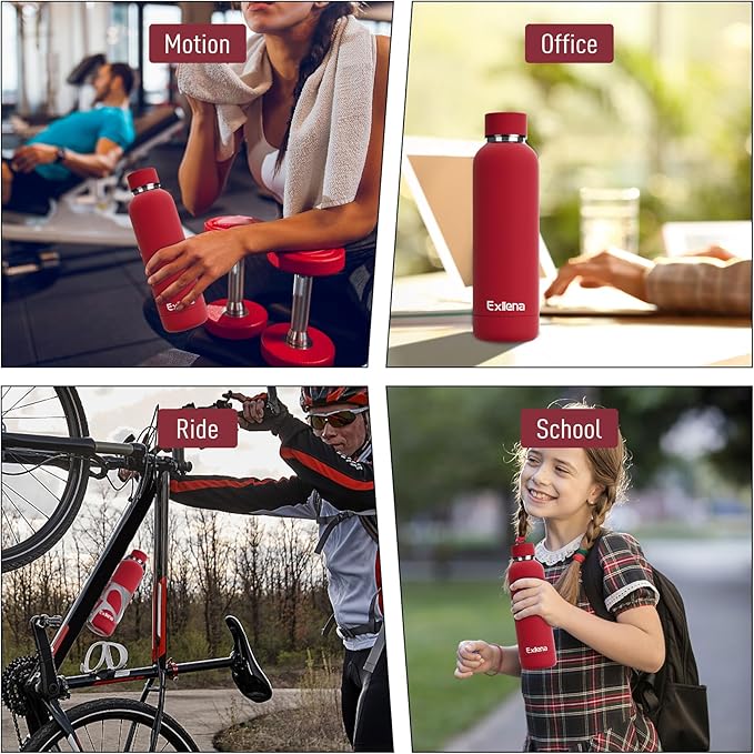 Exllena Slim Insulated Water Bottles for Travel 18oz with Clip, Double Wall Vacuum Stainless Steel Water Bottle Keeps Drinks Cold 24 Hrs/Hot 12 Hrs, 100% Leakproof, BPA Free（Red）