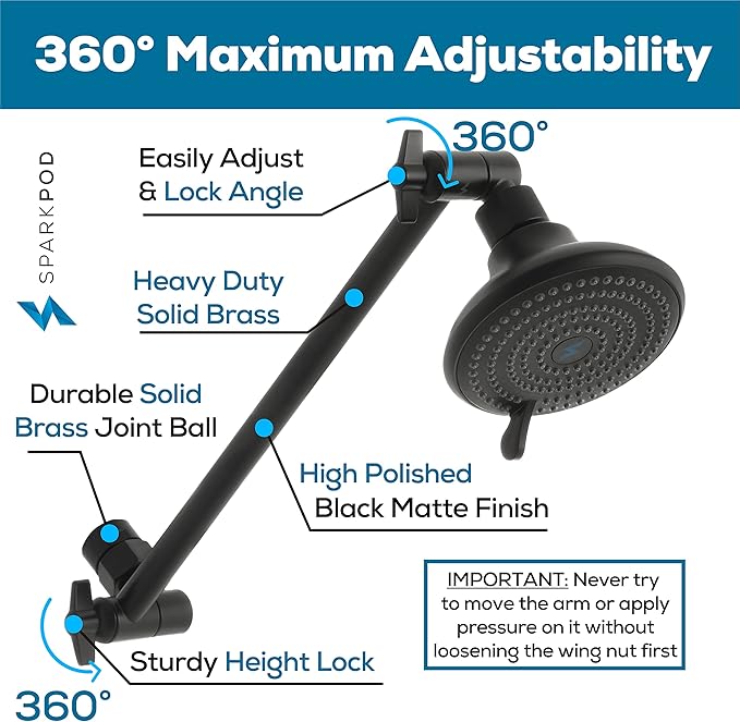 SparkPod High Pressure Shower Filter Head with Extension Arm - 9.5" Shower Head with Enhanced Formula Filter for Heavy Metals, Chlorine, and Chloramine Removal; Matte Black Finish