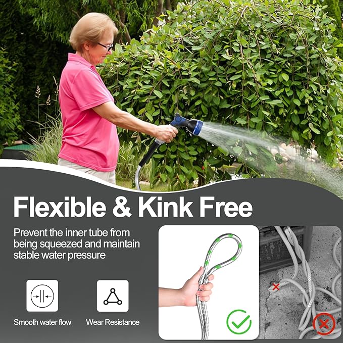 150ft 304 Stainless Steel Garden Hose Metal, Heavy Duty Water Pipe with Nozzles for Yard, Outdoor - Flexible, Never Kink & Tangle, Puncture Resistant (Sliver)