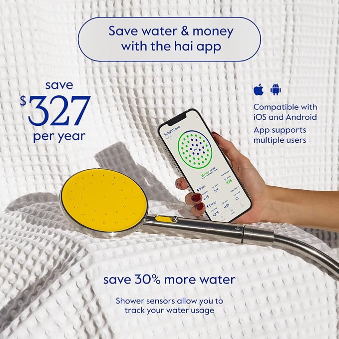 hai Smart Shower Head, Bluetooth Handheld Water Saving Showerhead with Adjustable High Pressure to Spa-Like Mist, Stainless Steel, Easy Installation, Customizable LED Lights, Citron, 1.8 GPM