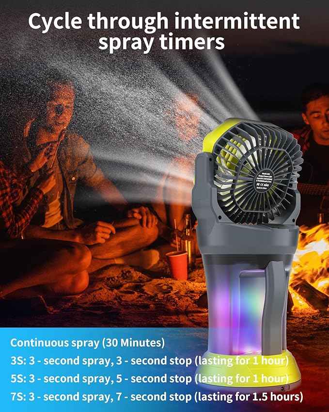 AVV Portable Misting Fan with RGB Ambient Light -2L Water Tank, 4 Speeds & Spray Mist Fan, 30000mAh Rechargeable Misting Fans for Outdoor/Indoor Fans for Camping, Patio, Garden, Grey-Green