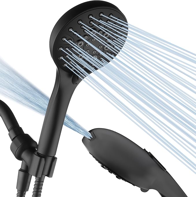 BRIGHT SHOWERS High Pressure Shower Head with Handheld, 9 Spray Settings Showerhead Built in Power Wash to Clean Tub and Pets, Extra Long 69" Hose, Adjustable Bracket, Matte Black - AquaVibe