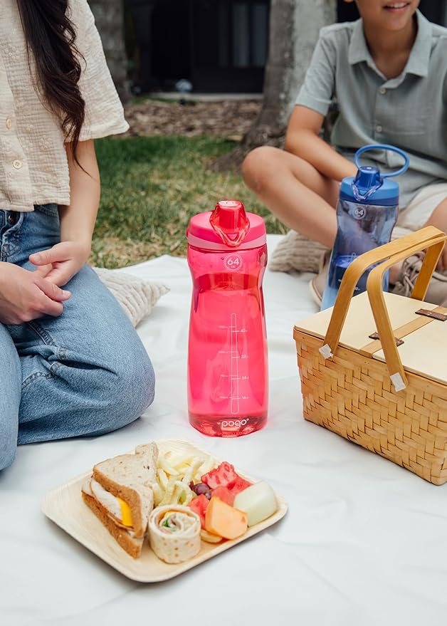 Pogo 64oz Plastic Water Bottle with Leak-Proof Chug Lid and Carry Handle, Reusable, BPA Free, Capacity Markings, Dishwasher Safe, Perfect for Travel, School, Outdoors, and Gym, Pink