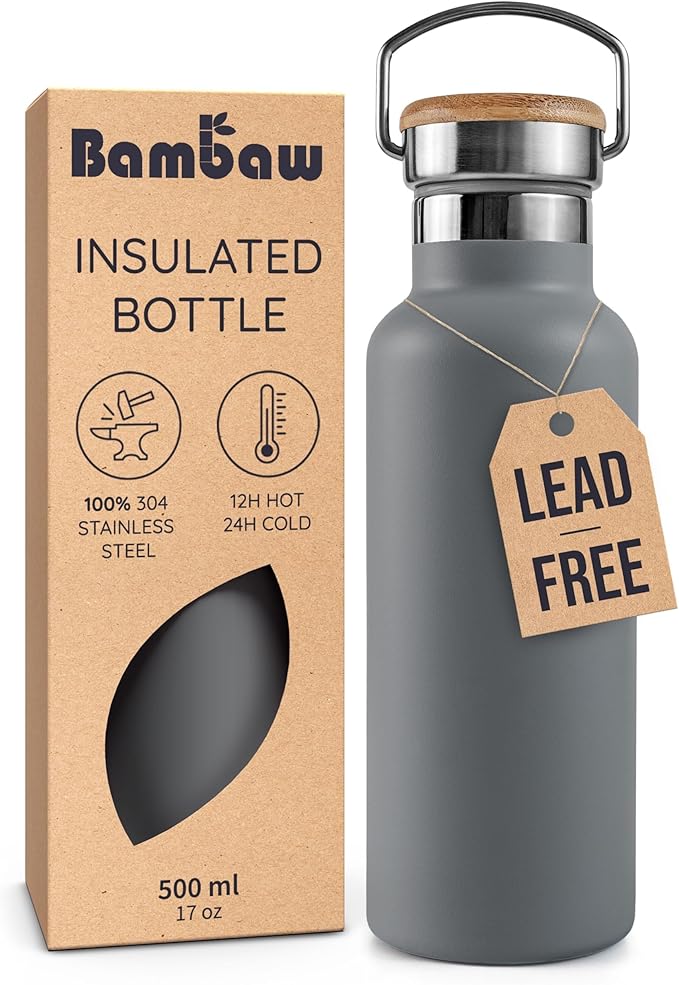 Bambaw 16 oz Metal Water Bottle, Insulated Stainless Steel Water Bottle, Fits in Cup Holder, Great for Hiking & Travel, Made of High-Grade Stainless Steel, Refillable & Reusable (Stormy Gray)