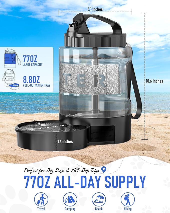 Dog Water Bottle Travel Bowl, 77oz Large Portable Dog Water Bowl Dispenser, Leakproof Pet Drinking Bottle Dispenser for Hiking Camping Walking Travelling Beach Car Trips, BPA Free, Black - AquaVibe