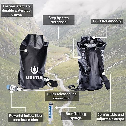 Uzima UZ-BP 17.5L Gravity Water Filter System - WHO Certified Backpacking Water Filtration System - Survival Gear for Bug Out Bag - All-in-One Collection, Storage, Filtration & Hands-Free Transport