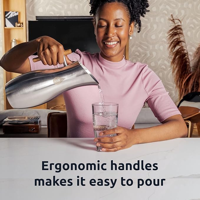 Invigorated Living Stainless Steel Water Pitcher with Lid, Ice Guard, Wooden Handle, Ideal for Cold and Fruit Infused Water (1.9L, No Filter) (Pack of 2)