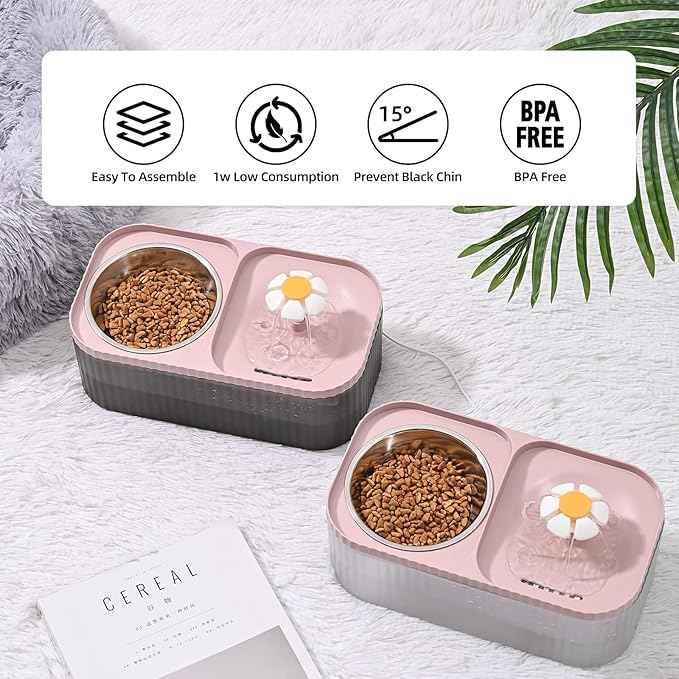 Cat Water Fountain and Food Bowl, 3L/101oz Ultra Quiet Pet Water Dispenser with Smart Pump and 3 Replacement Filters, Automatic Flower Fountain & Stainless Steel Bowl for Dog & Cat (Pink)