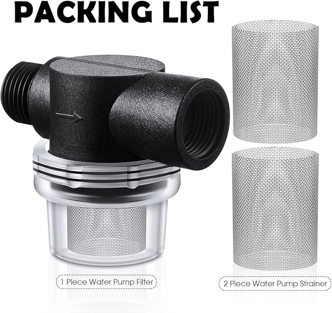 Honoson 3 Pcs Water Pump Strainer Filter Set Include Twist on Pipe Filter and Extra 50 Mesh Stainless Steel Screen, Rv Replacement 1/2 Inch Twist-on Pipe Strainer Compatible with WFCO or Shurflo Pump