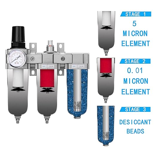 NANPU 1/2" NPT Industrial Grade 3 Stage Air Drying System - Particulate Filter, Coalescing Filter, Desiccant Dryer & Air Regulator, Metal Bowl, Manual Drain, Suitable for Paint Spray＆ Plasma Cutter - AquaVibe