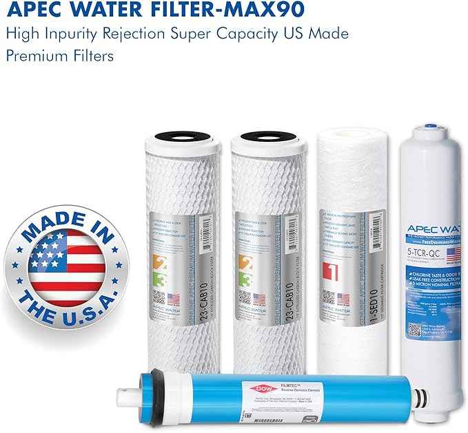 APEC FILTER-MAX90 US Made 90 GPD Complete Replacement Filter Set & Replacement ORing for ROES-50 3.5" OD Reverse Osmosis Water Filter Housings