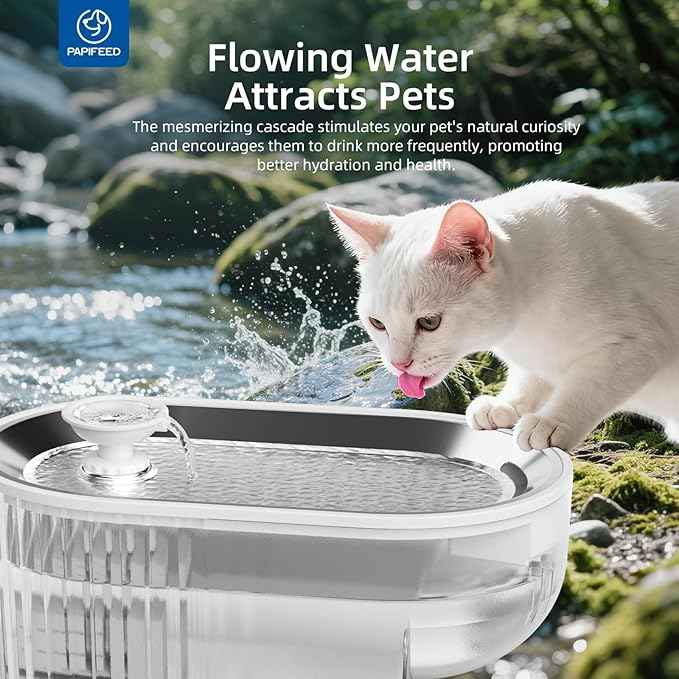 Cat Water Fountain Stainless Steel with a Silicone Mat, 84oz/2.5L Automatic Cat Water Fountain with Water Level Window and LED Light, Quiet Low Power Cat Water Bowl & Cat Water Dispenser(White)
