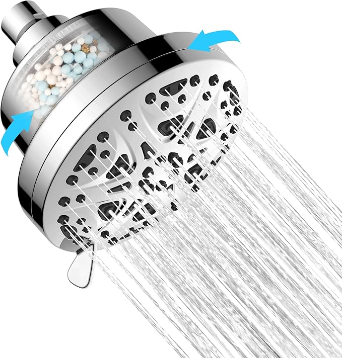 Filtered Shower head, Water Softener Showerhead with Shower Filter for Hard Water, High Pressure, Improves Skin & Hair, Chrome Finish