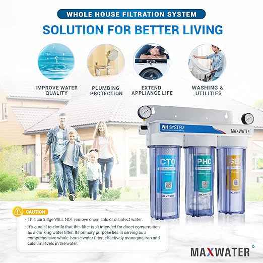 Max Water 3 Stage (Good to Protect Home from Scale & Corrosion) 10 inch Standard Water Filtration System for Whole House - Sediment + Anti Scale + CTO Post Carbon - 3/4" Inlet/Outlet - Model : WH-SC1