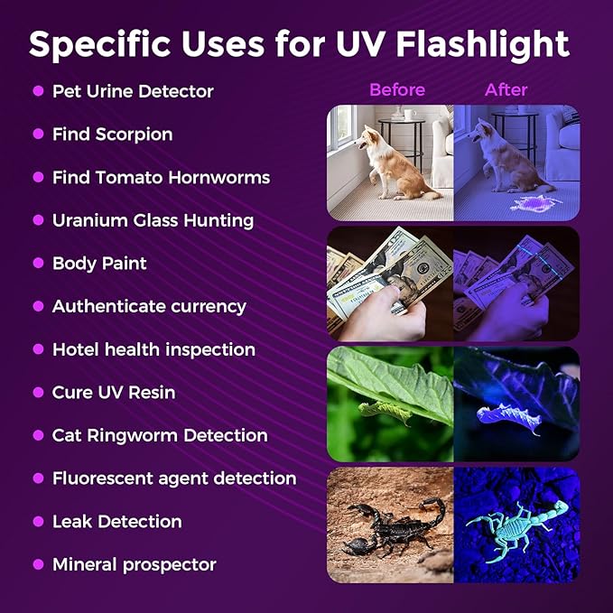 RECHOO Black Light UV Flashlight, 395nm Blacklight Rechargeable Flashlights UV Light, Portable Mini Black Light for Pet Urine Detection, Bed Bug, Dry Stains, Resin Curing, Scorpions Finder