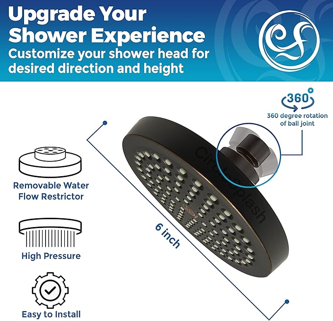 High Pressure Shower Head - Anti-Clogging Silicone Nozzles - 2.5 GPM Removable Restrictor - Easy Clean Adjustable Replacement - easy to install with Plumbers Tape - 6 inch - Oil Rubbed Bronze Finish - AquaVibe