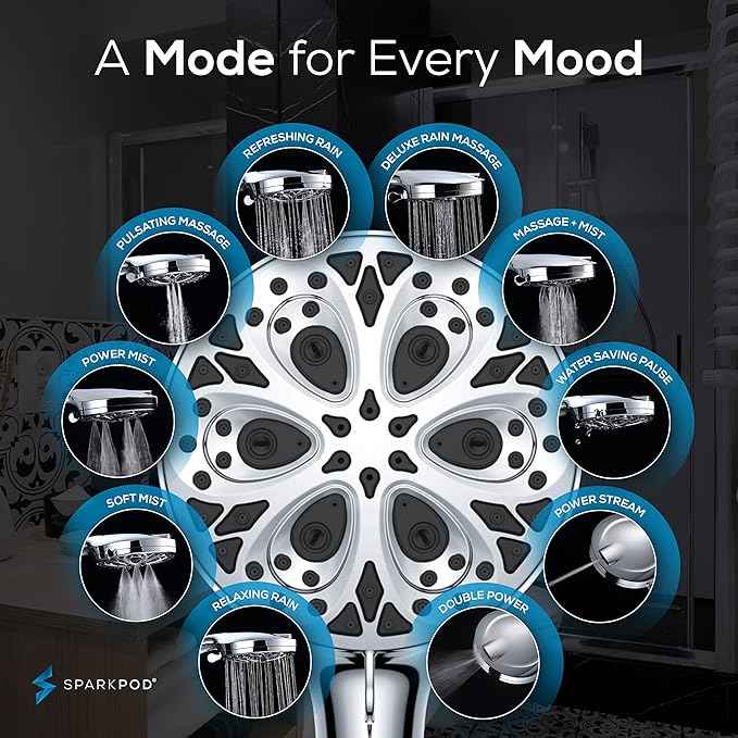 SparkPod 10-Mode Handheld Shower Head with Hose - 5" High Pressure Shower Head with Handheld Touch-to-Clean Nozzles, Built-In Power Jet, Stainless Steel 6ft Hose & Bracket (Polished Chrome)