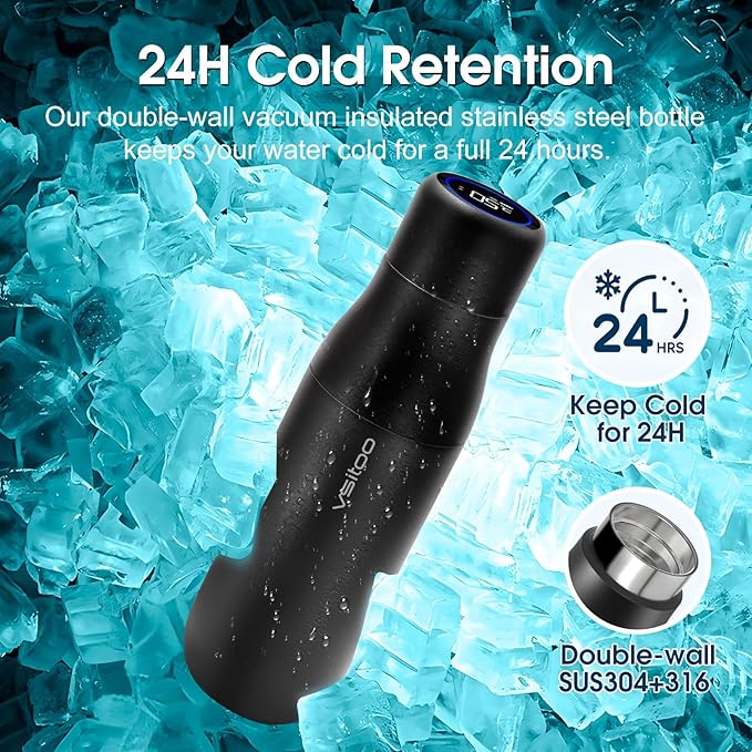 Vsitoo Self Cleaning Water Bottle - 15oz Stainless Steel, AI Self-Clean, 30-Day Battery, Magnetic Charging, BPA-Free for Travel/Gym/Office, No App Needed