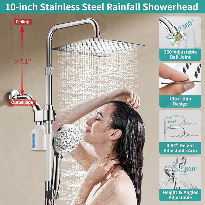 MIAOHUI High Pressure Rain Shower Head with 7 Settings Handheld Spray, Dual Shower Heads with Handheld Spray Combo, 10 Inch Luxury Rainfall Shower Head and Handle Set with Filter (Chrome)