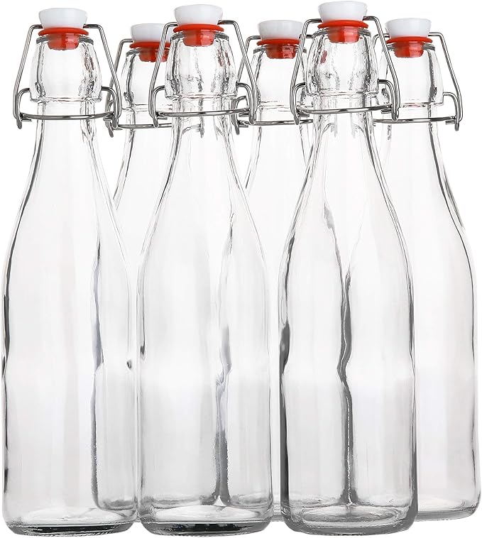 AYL Flip Top Glass Bottle [16 fl. oz./Pack of 6]– Swing Top Brewing Bottle with Stopper for Beverages, Oil, Vinegar, Kombucha, Beer, Water, Soda, Kefir – Airtight Lid & Leak Proof Cap – Clear