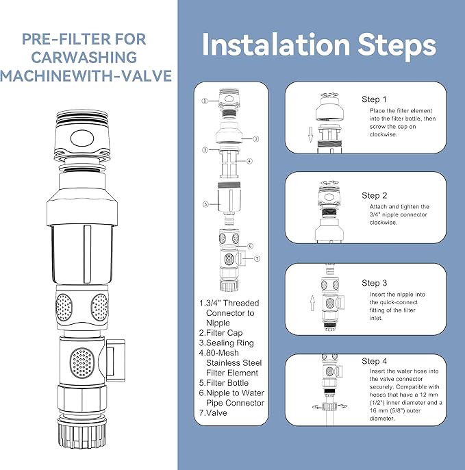 Vertical Garden Hose Filter Kit for High Pressure Washer and Water Spray Gun,Sediment Filter for All 3/4 Inch GHT Thread Garden Hose Quick Connector with Valve