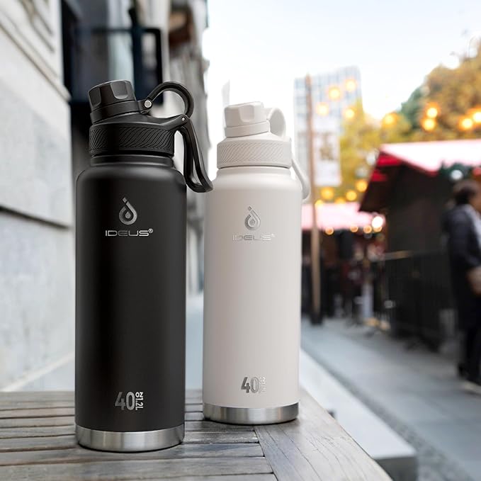 IDEUS Insulated Stainless Steel Water Bottle with 2 Leak-Proof Lids, Thermal Water Flask for Hiking Biking, 40oz, Black