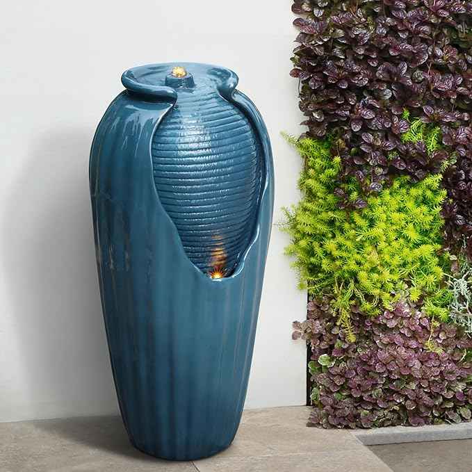 Teamson Home 32 in. Outdoor Contemporary Glazed Contoured Vase Water Fountain with LED Lights to Create a Calming Oasis in Gardens and Landscaping, on Patios, Balconies, Lawns, Teal Blue
