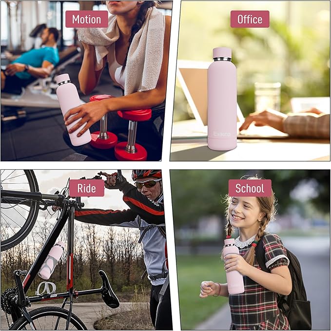 Exllena Slim Insulated Water Bottles for Travel 18oz with Clip, Double Wall Vacuum Stainless Steel Water Bottle Keeps Drinks Cold 24 Hrs/Hot 12 Hrs, 100% Leakproof, BPA Free(Pink)