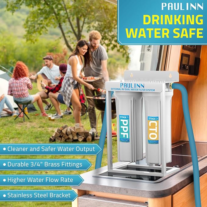 PAULINN External RV Dual Water Filters System, Lead-Free & BPA-Free Camper Water Filter with Brass Fittings & Mounting Bracket & Two Filters, Reduces Sediment, Chlorine, Bad Taste and Odors