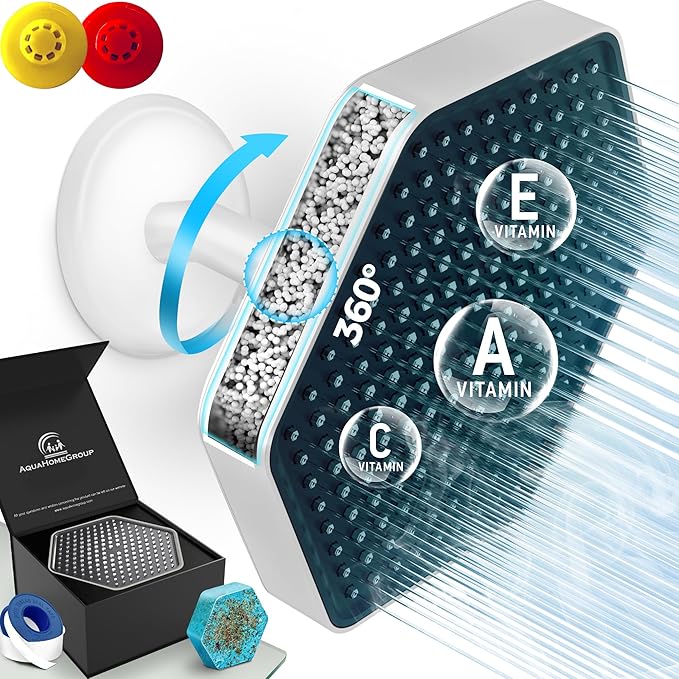 AquaHomeGroup Luxury Filtered Shower Head - High Pressure Rain Showerhead with Filter for Chlorine, Rust, Sediments - Water Filter Shower Head with Vitamin C E A - SPA Effect (Patent Pending) (White)