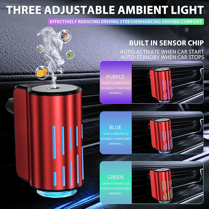 Smart Car Air Freshener, Portable Car Vents Aromatherapy,Car Diffuser Air Freshener with Three Adjustable Modes, Aromatizante para Carro, Car Diffuser with 3pcs Essential Oil(Red)