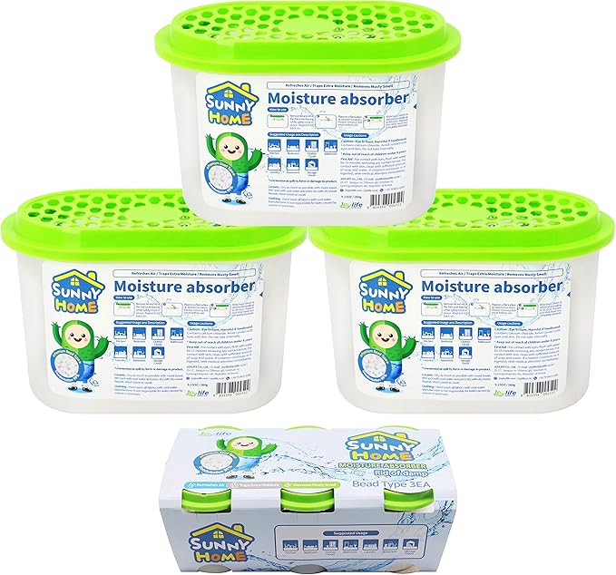 Sunny Home (3 Pack) Moisture Absorbers 9.17oz, Unscented, Odor Eliminator, Dehumidifier and Deodorizer for Closet, Bathroom, Kitchen in Home & RVs.