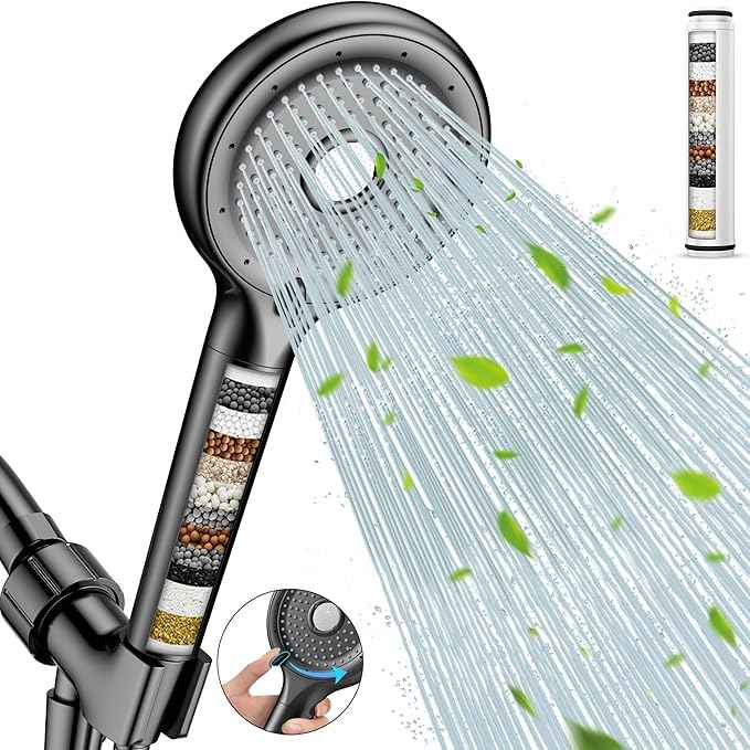 FEELSO Filtered Shower Head with Handheld, High Pressure 6 Spray Mode Showerhead with Filter, 15 Stages Water Softener Filters Beads for Hard Water-Remove Chlorine, Reduce Dry Itchy Skin, Extra Filter