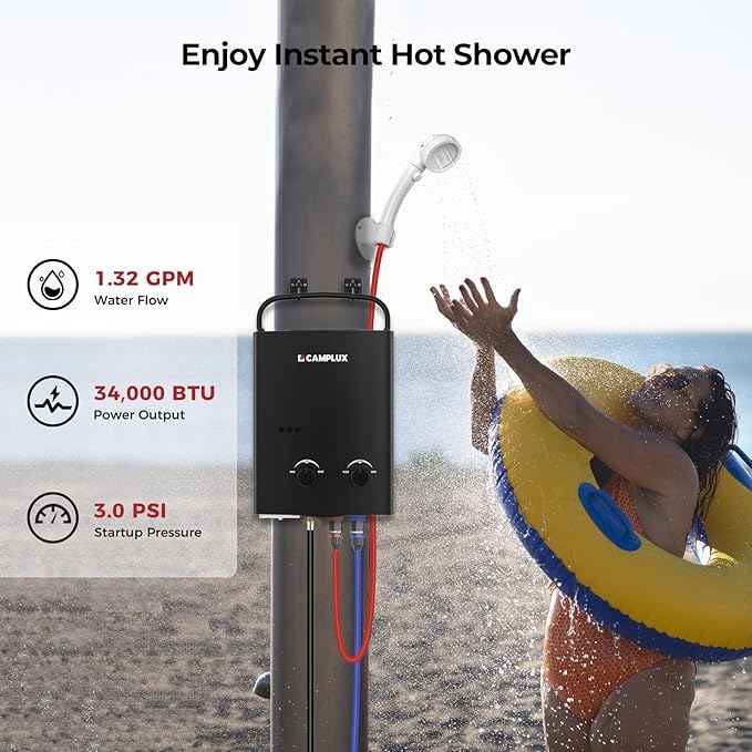 CAMPLUX 1.32 GPM Portable Water Heater, 5L Tankless Water Heater Propane Outdoor, AY132B, Black