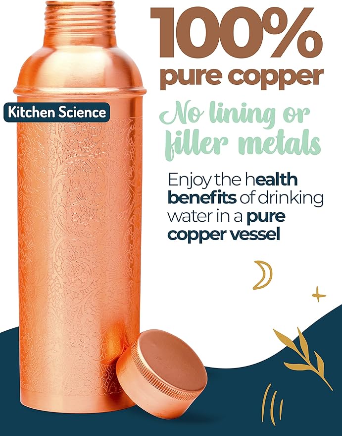 Authentic Ayurvedic Designer Copper Water Bottle of 34 Oz/1000 ml with Carrying Canvas Bag & Sleeve for Drinking Water | Leak-Proof & Lab Tested