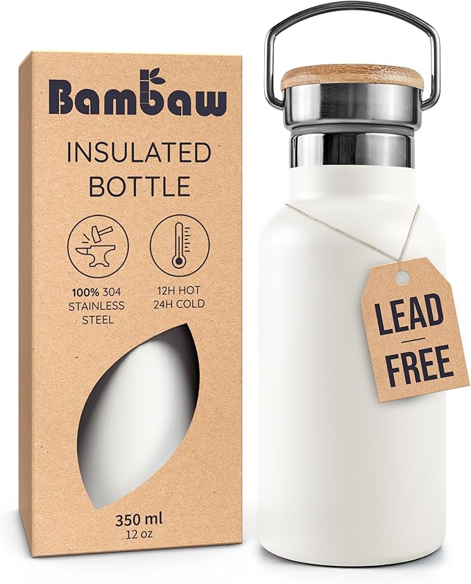 Bambaw 12 oz Water Bottle Stainless Steel with Handle, Small Metal Water Bottle Insulated, For Hot & Cold Drinks, Easy to Clean, Great for Travel, Fits in Cup Holder (Polar White)