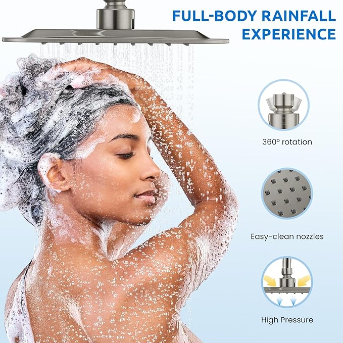 8" Dual Shower Head Combo, Rainfall Shower Head with Handheld, 6 Spray Settings Angle Adjustable Handheld Shower Head with Pause, Height Adjustable, Brushed Nickel