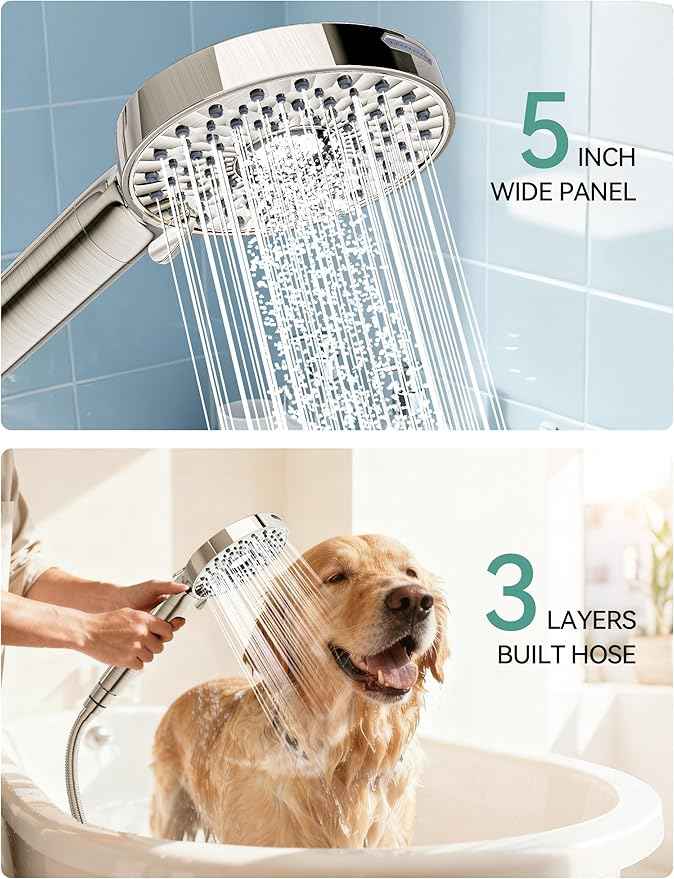 Filtered Shower Head with Handheld, High Pressure 10-Spd Detachable Chrome Showerhead with Stainless Hose, Water Softener Filter Beads for Hard Water - Remove Chlorine, Brushed Nickel-Silver