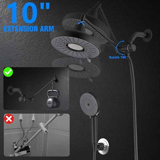 Dual Filtered Shower Head, 8 Inch 3 Spray Mode High Pressure Rainfall Showerhead with Handheld Combo, 10 Inch Adjustable Extension Arm and 60" Hose, Shower Head Filter for Hard Water, Black