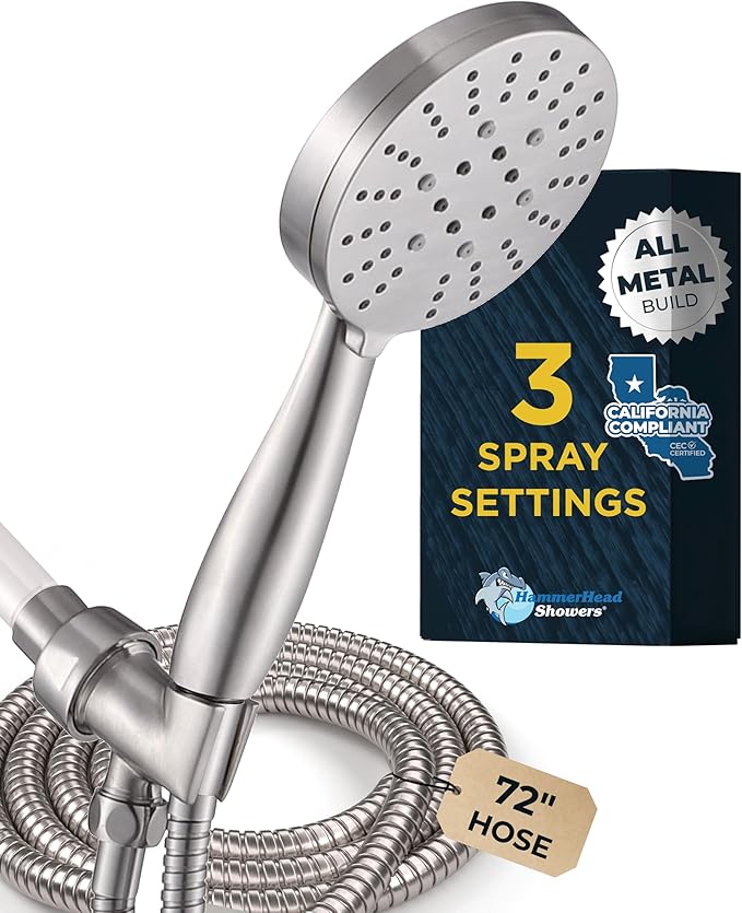 HammerHead Showers Solid Metal 3-Spray Handheld Shower Head with Long Hose and Holder, High Pressure, Wide/Massage/Mist Sprays, Brushed Nickel, 1.75 GPM
