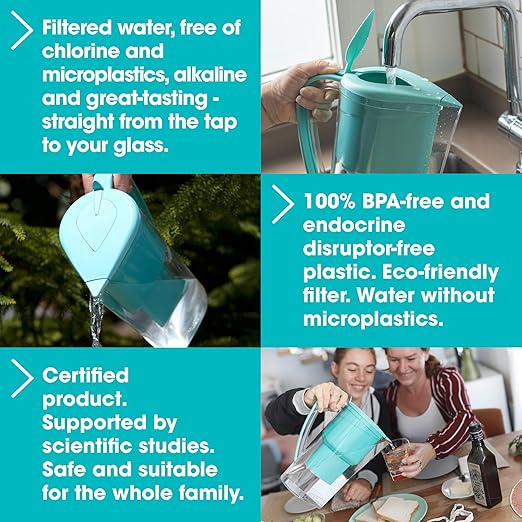 Alkanatur Alkaline Hydrogen Water Filter Pitcher - Removes Fluoride, Chlorine, Microplastics, PFAs, Lead - Activated Coconut Carbon, Ionizer, pH 9.5, Adds Magnesium (Filter with Added Zeolite (Blue))