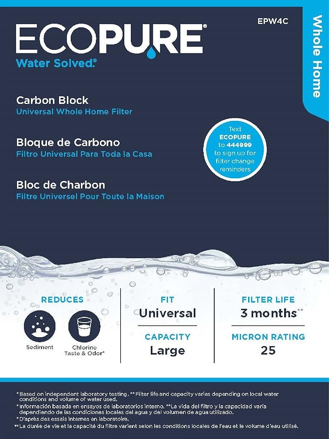 EcoPure EPW4C Carbon Block Whole Home Replacement Water Filter-Universal Fits Most Major Brand Systems, 1 Count (Pack of 4), Gray/White
