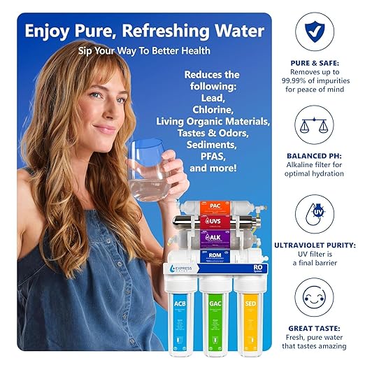 Express Water Reverse Osmosis Water Filtration System with Alkaline & UV Filter – 11 Stage UV Water Filter – Under Sink Water Filter with Alkaline Filter for Added Essential Minerals – 100 GDP