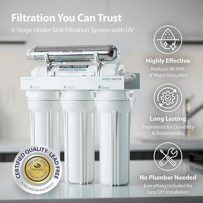 APEC Water Systems ROES-UV75-SS Top Tier Violet Sterilizer 75 GPD 6-Stage Ultra Safe Reverse Osmosis Drinking Water Filter System, Stainless Steel UV Housing