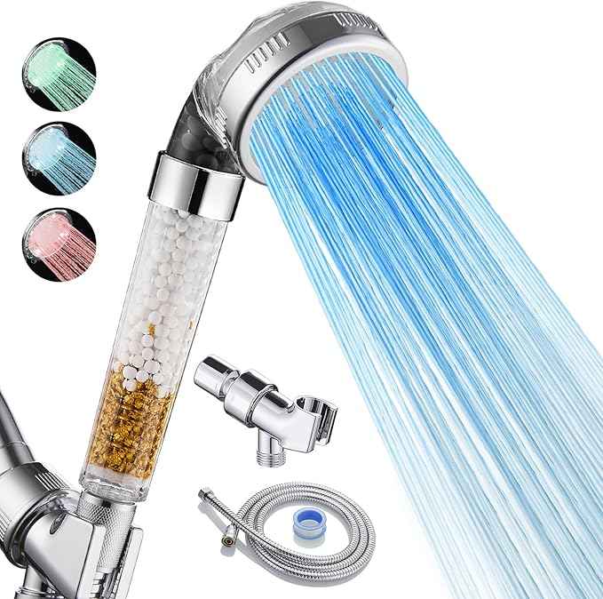 Cobbe Filtered LED Shower Head with Handheld, Color Changing, High Pressure Shower Head with Filter, Water Saving Spray Handheld Showerheads with Hose and Base for Dry Skin & Hair