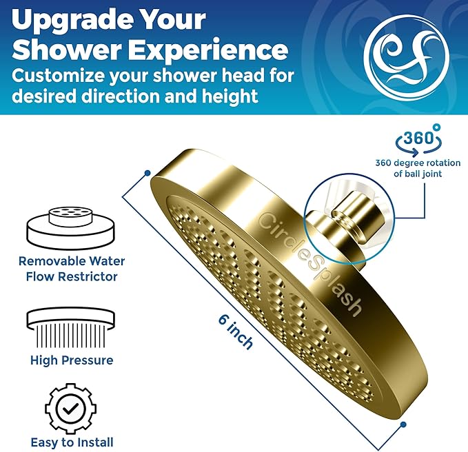 High Pressure Shower Head - Anti-Clogging Silicone Nozzles - 2.5 GPM Removable Restrictor - Easy to Clean Adjustable Replacement - easy to install with Plumbers Tape - 6 inch - Elegant Gold Finish - AquaVibe