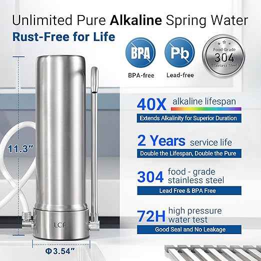 LCF Alkaline Countertop Water Filter, 𝐒𝐢𝐥𝐯𝐞𝐫 𝐈𝐨𝐧𝐬 Enhanced 6-Stage Stainless Steel Water Filter for Sink Faucet, Reduces Heavy Metals, Bad Taste & 99% Chlorine, 16,000 Gallons(2 Filters) - AquaVibe
